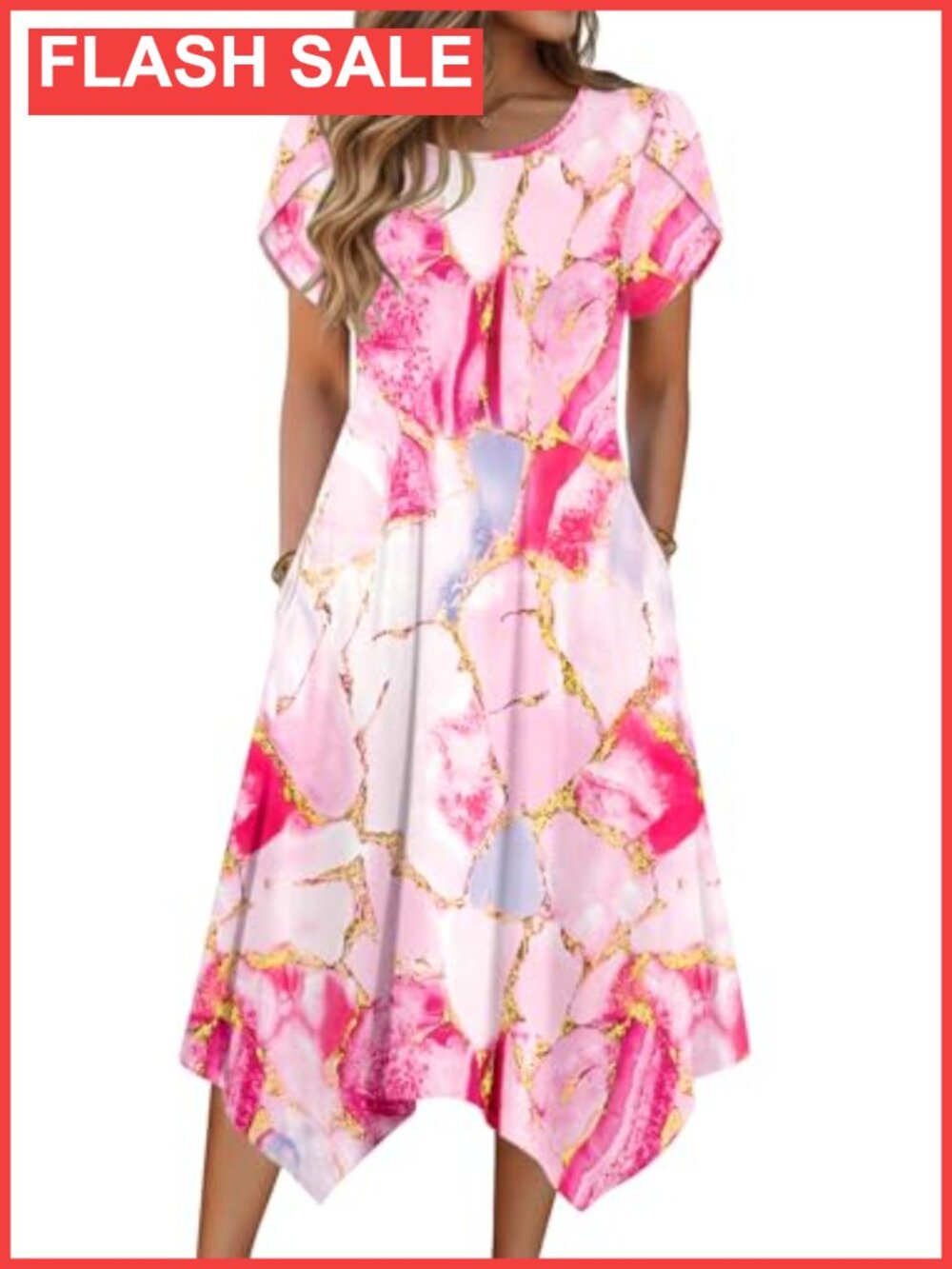 Women's Floral A-Line Midi Sundress with Pockets, Short Petal Sleeves